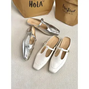 Women's New French Style T-Strap Mules in Silver & Beige Cowhide with Rubber Sole 3cm Heel Adjustable Buckle for Spring Summer Outings - Girl, Shoe Girl Shoe Footwear Walking Shoes Rubber Spring Active
