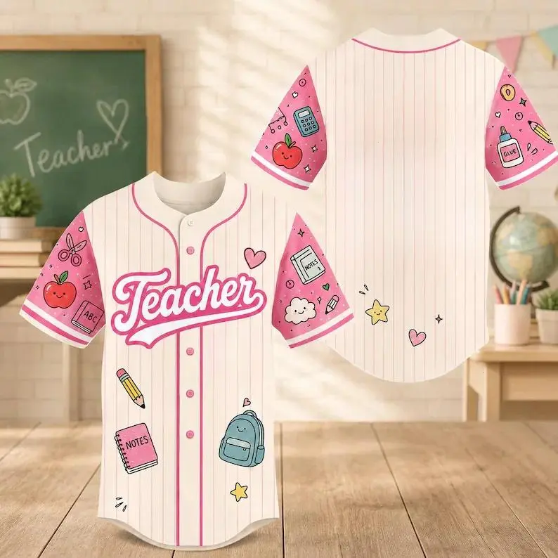 Pink & Blue Pinstripe Teacher Stationery Graphic Baseball Jersey, Cute School Supply Print Short Sleeve Button Top, Warm Teacher Appreciation Casual Outfit#Teacher Baseball Jersey
