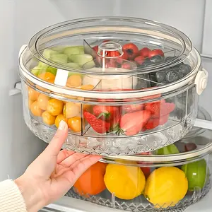 Transparent Divided Vegetable Serving Tray with Lid and Dip Compartment, Rotating Fruit Plate for Parties, Outdoor Picnics, Food Delivery, Stackable Fridge Organizer
