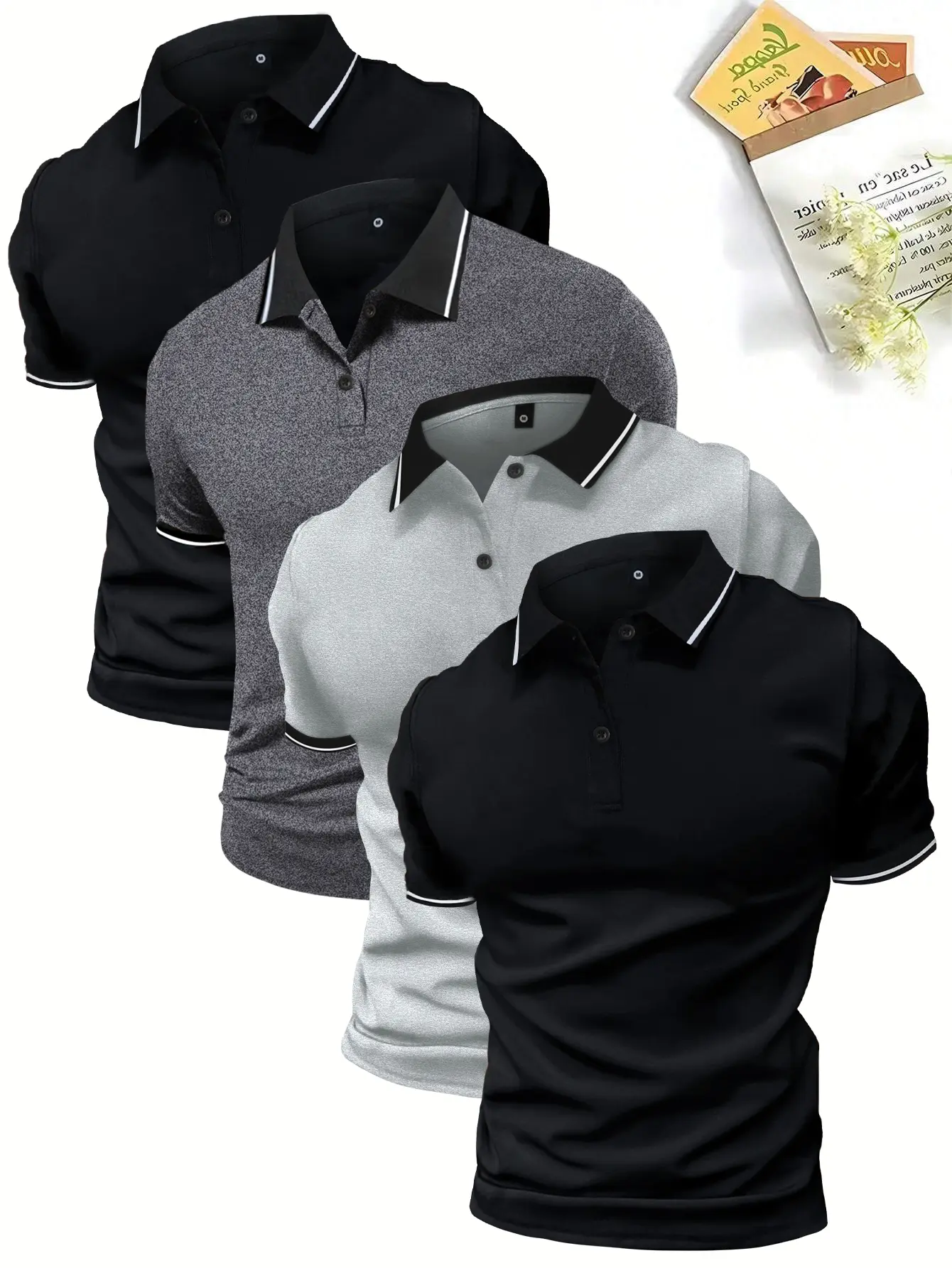 Men’s 4-pack polo shirts available—button collar, slightly stretchy fabric; suitable for summer workwear and casual shirts; short sleeves. Tropical stretch polyester, single-layer design; available as a multi-pack or individual items. The best summer gift
