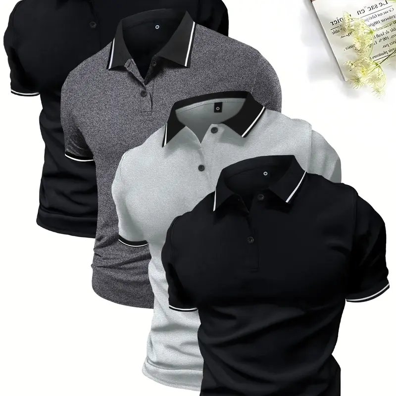 Men's Short-Sleeve Polo Shirts - 1/2/3/4-Pack Knitting Button Front H Type Stretchy Polyester Single-Layer, Buttoned Collar, Tropical Style for Summer Workwear & Casual Wear