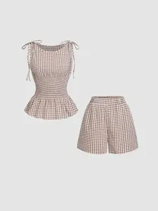 Women's Gingham Check Textured Woven Tank Top & Shorts Set, Tie Shoulder Straps, Smocked Waist, Peplum Hem, Elastic Waistband, Breathable Lightweight Fabric, Daily Casual Vacation Home Leisure Women's Wear  2 Piece
