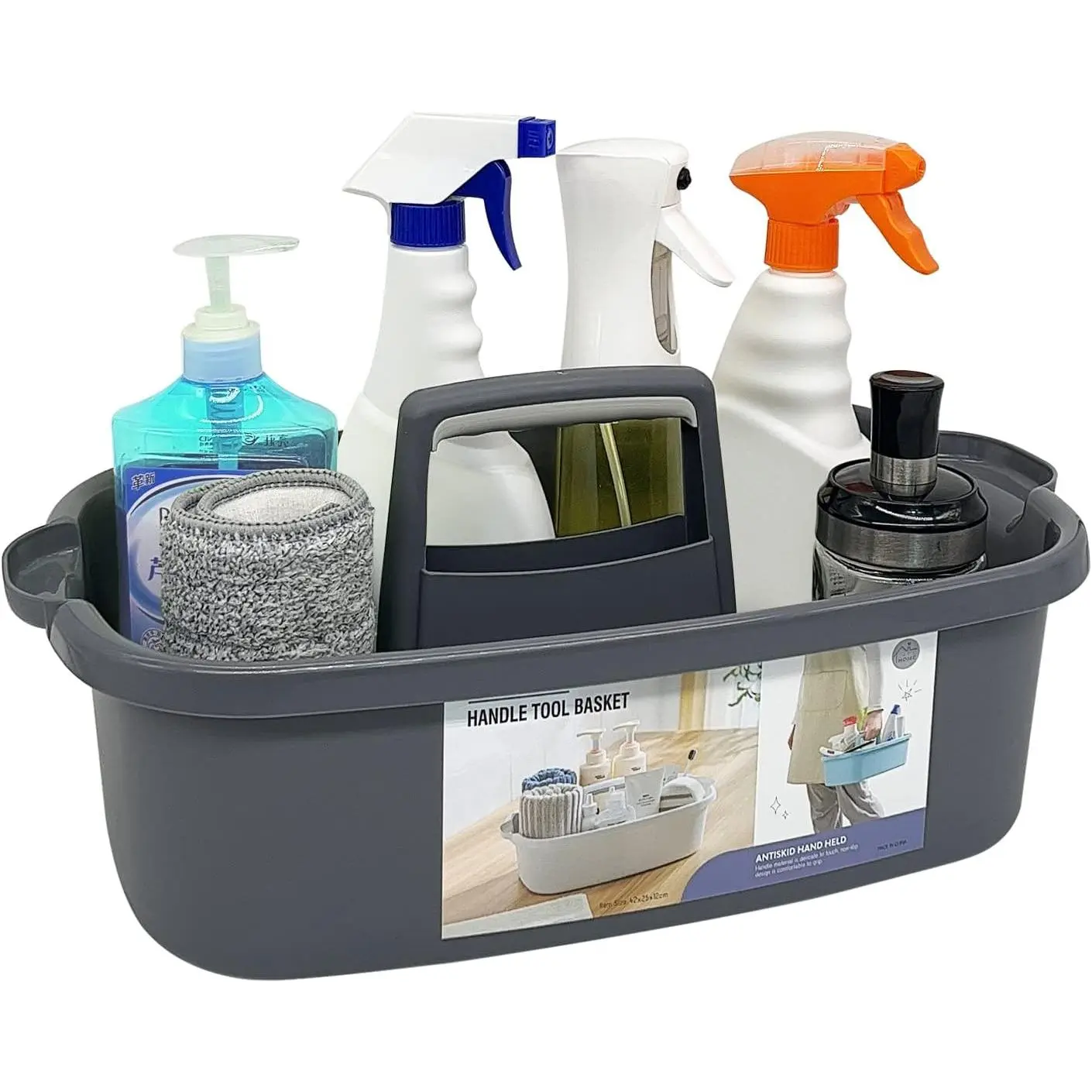 Multi-Purpose Plastic Cleaning  with Handle, Shower  Organizer/Storage Basket/Totes Portable for Bathroom Supplies, Cleaning Products, Under Sink Tool, Housekeepers (Grey)
