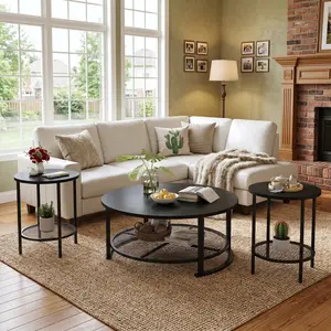 3-Piece Industrial Round Coffee Table Set, 31.6 Inch Multi-Purpose Living Room Table with 2 End Side Tables, Sturdy Metal Legs Design, Easy Assembly Waterproof Wear-Resistant Accent Furniture, Versatile Household Decor for Office, Living Room, Apartment
