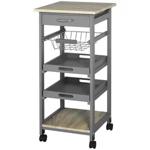 Mobile Kitchen Cart – Rolling Kitchen Island with Storage, Solid Wood Frame Utility Cart with Wire Fruit Baskets, Trays and Drawer, 2 Pull-Out Trays + Drawer + Baskets, 4 Smooth-Rolling Wheels, 44 lbs Capacity, for Kitchen, Dining, Gray