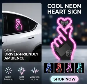 Pink Heart Car LED Light - Solar Powered Neon Finger Heart Aesthetic Car Accessories - Cute Car Decor for Windows & Interior