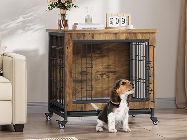 DWVO Dog Crate Furniture with Cushion, Dog Kennel Indoor with Wheels, Dog Crate End Table with Tray, 27" Dog Cage with Double Doors for Small Dog