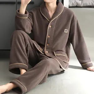 Men's coral fleece pajamas set, spring, autumn and winter fleece thickened cardigan jacket, flannel thermal loungewear two-piece set, long-sleeved trousers for men to wear at home, casual thermal pajamas pajamas