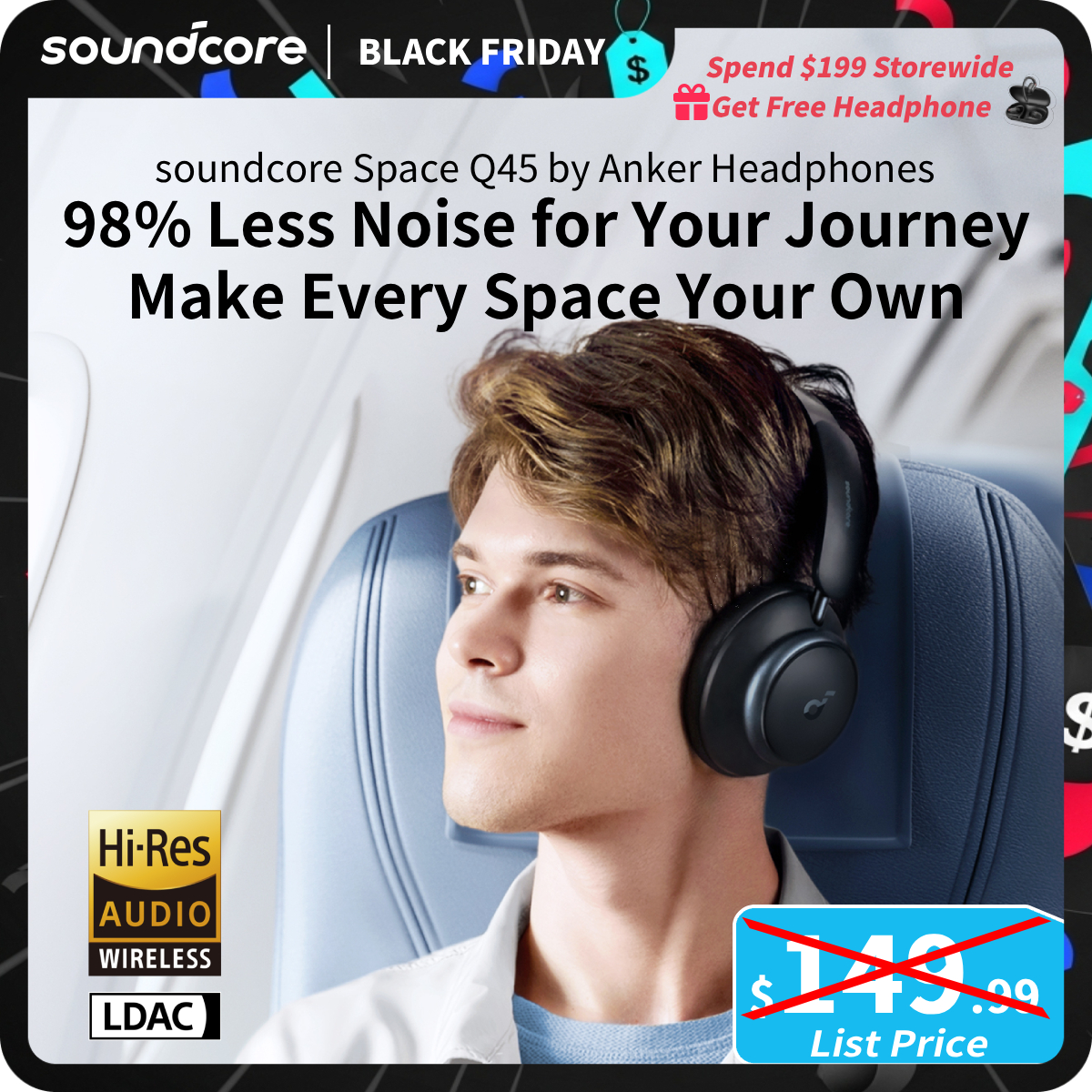 [TikTokShopBlackFriday] soundcore by Anker Space Q45 Adaptive Active Noise Cancelling Headphones, Reduce Noise by Up to 98%, 50H Playtime, App Control