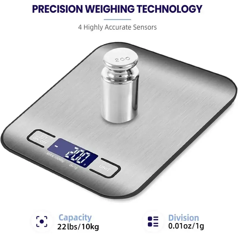 Digital Kitchen Food Scale - High Precision Metal Kitchen Scale for Food, LCD Display, Stainless Steel Surface, USB Power, Durable for Baking, Cooking, Measures Grams & Ounces
