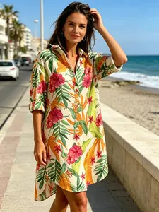 Summer New Tropical Plant Print Shirt Dress, Loose Fit Lazy Style Collar Dress, Bookstore Vacation Commute Midi Dress