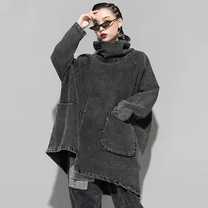 Oversized Black Washed Denim Turtleneck Jacket