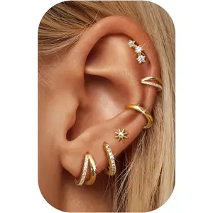 6 Pairs 14K Gold Plated Small Hoop Earrings for Women, Hypoallergenic Silver Stackable Cartilage & Stud Earring Set, Dainty Huggie Stacks Set for Multiple Piercings