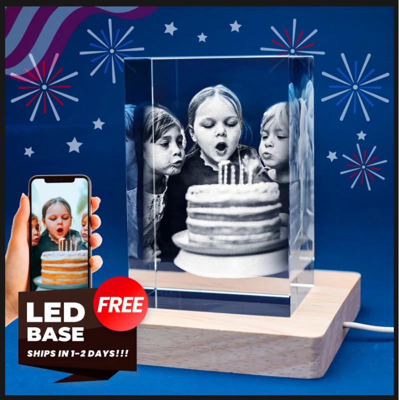 3D Crystal Photo Frame - Personalized Birthday, Wedding, Pet, Memorial, Mother's Day, Father's Day, Valentine's Day, Anniversary Gift with Free Multicolor Light Base