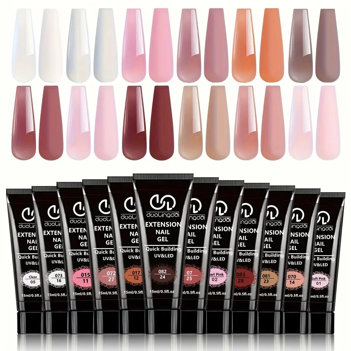 Duolingdai12 Nail Extension Gel Set, 15g Multi-Color Shaping Gel Kit, Transparent, Nude, Pearl, Earth Tone, Home Use, Daily & Special Occasions