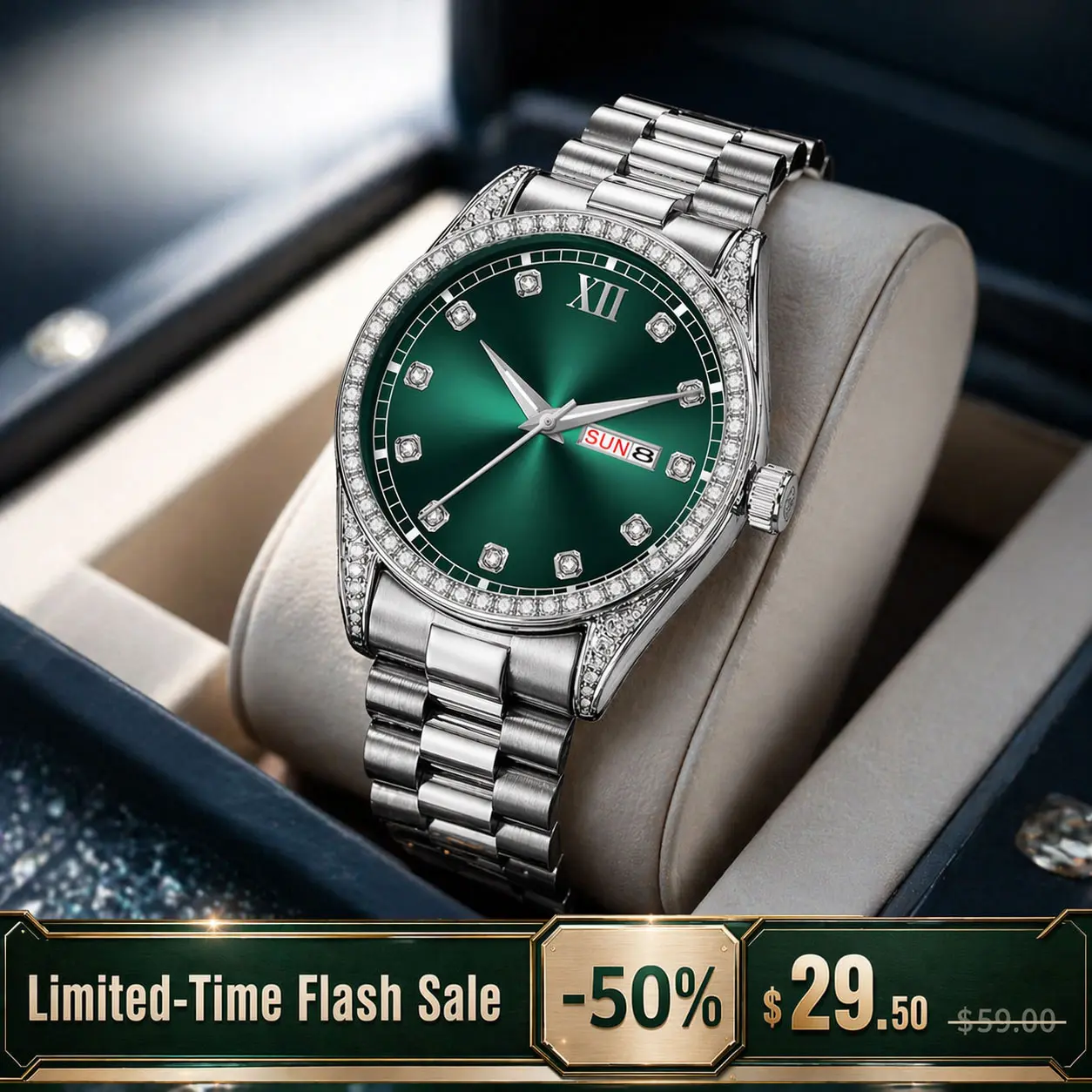 Men's Luxury Waterproof Quartz Casual Watch - Stainless Steel Business Men's Accessory, Round Green Dial, Date & Week Display, Outdoor Use, Men's Accessories