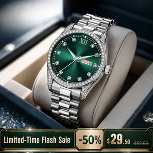 Men's Luxury Diamond Round Green Dial Business Wristwatch - Waterproof Quartz Watch with Date and Week Display, Fashion Stainless Steel Watch