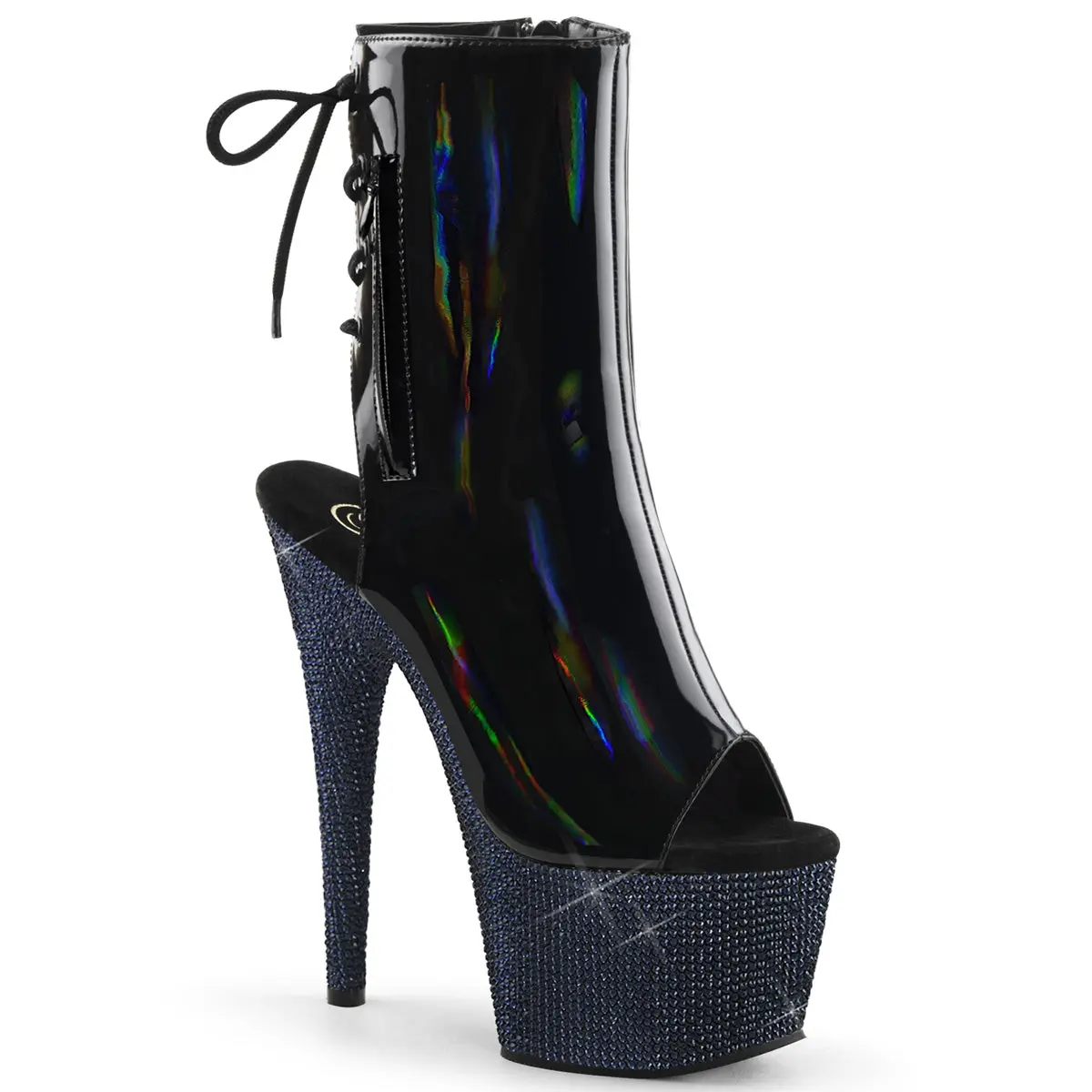 Women's Ankle-Length Heeled Boots - Black Holographic Patent Leather Shoes with 7" Heel, Rhinestone-Encrusted Platform, Rhinestone Sole, Lace-Up Back & Side Zip, Boot, Footwear, High Heel, Hidden Zip, Laces