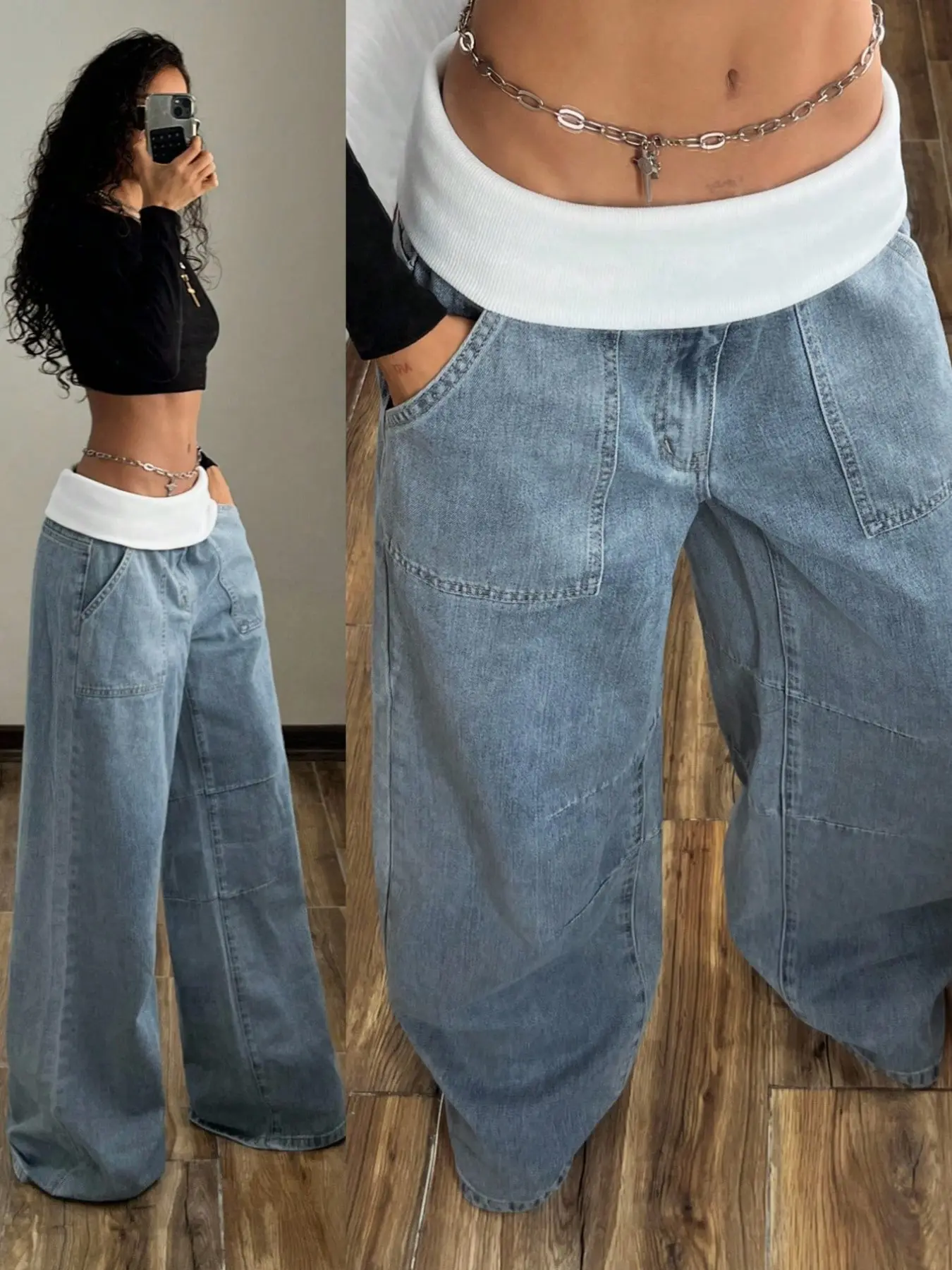 Plus Size Colorblock Pocket Wide Leg Jeans, Loose-Fitting Casual Denim Jeans for Women, All Seasons Fashionable Bottoms