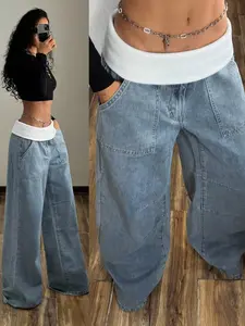 Plus Size Women's American Vintage Colorblock Hem Low Waist Wide Leg Jeans, Comfortable and Stylish Denim Jeans for Everyday Wear Pants