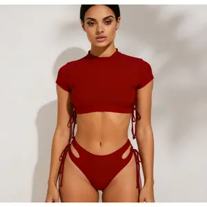 Women's Red Two Piece Swimsuit - High Neck Short Sleeve Crop Top with Side Tie Cutout Bottoms, Modest Rash Guard Bathing Suit for Beach Pool