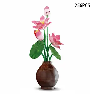 256PCS Eternal Lotus Flower Building Blocks Set, Includes Retro Vase, Flowers & Plants Series, Pink Artificial Flower Bouquet with Vase, Plant and Flower Building Blocks, Suitable for Ages 8+, Home & Office Decoration.