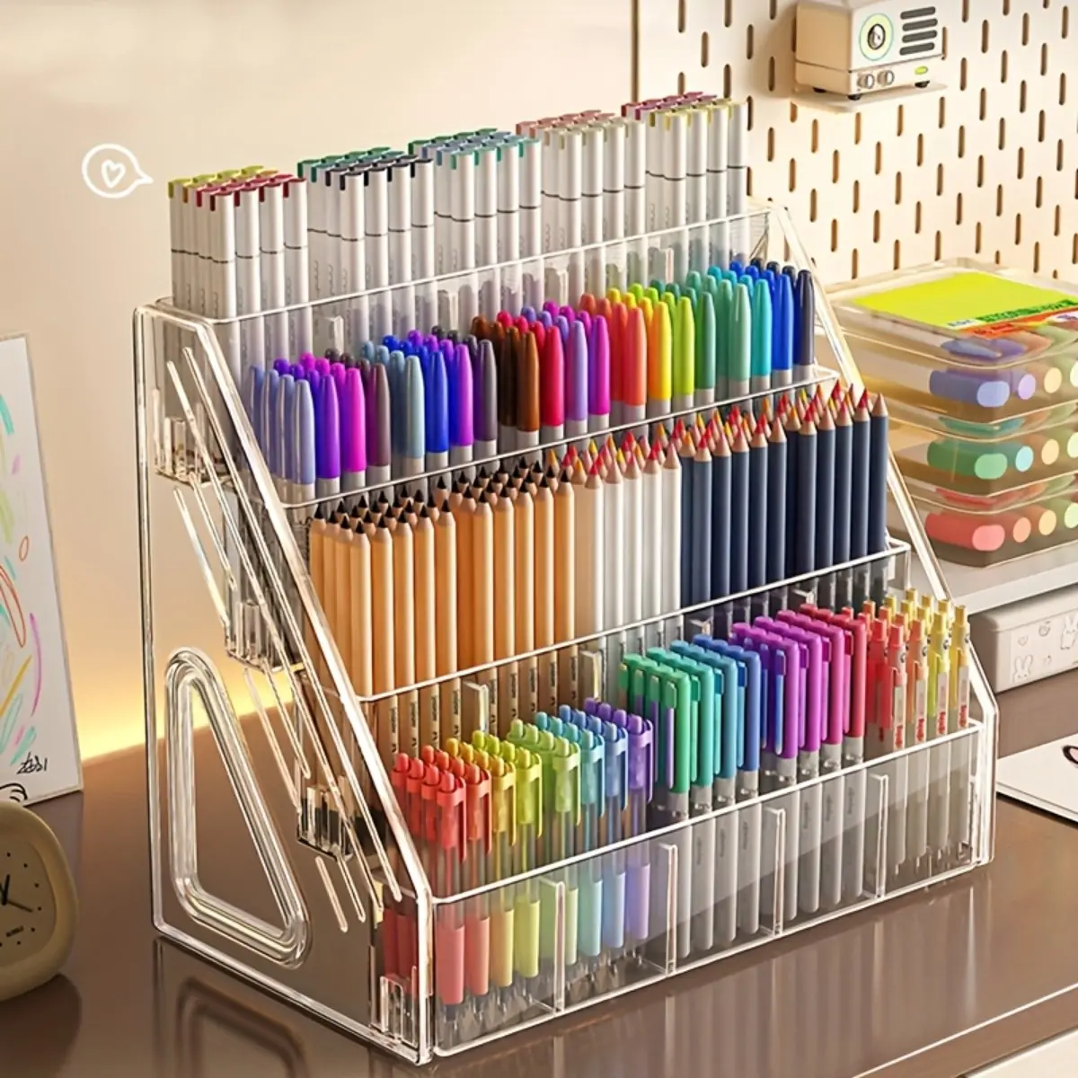 Clear Acrylic Brush Organizer Box, Divided Pen Holder Storage Rack for Markers, Pencils and Paint Brushes, Desktop Organizer for Office Study Art Supplies, Stationery Storage Organizer, Desk Accessories, Work Organizer, for Home and School