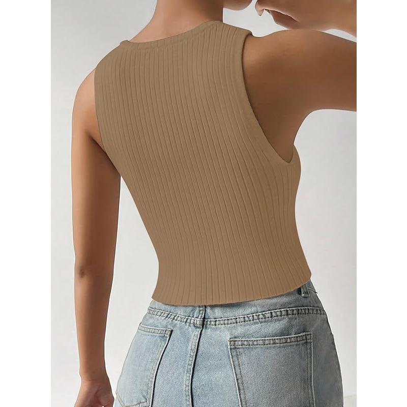 Women's Button Front Ribbed Knit Crop Tank Top Scoop Neck Sleeveless Casual Plain Crop Top Womenswear Bridal Short Basic Minimalist Skinny Slim Vneck White babydoll tops tubetops summer tops crop tops weighted vests women