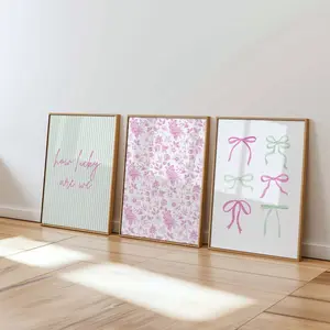 Pink and Green Wall Art Set of 3 Floral, Bow & “How Lucky Are We” Quote Girly Coquette Dorm Decor, Trendy Digital Prints