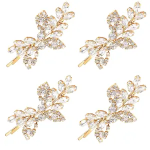 4 Pcs Rhinestone Bridal Hair Clip Leaf Wedding Hairpin Bride Crystal Hair Barrette Accessories for Women (Gold, Rhinestone Style)