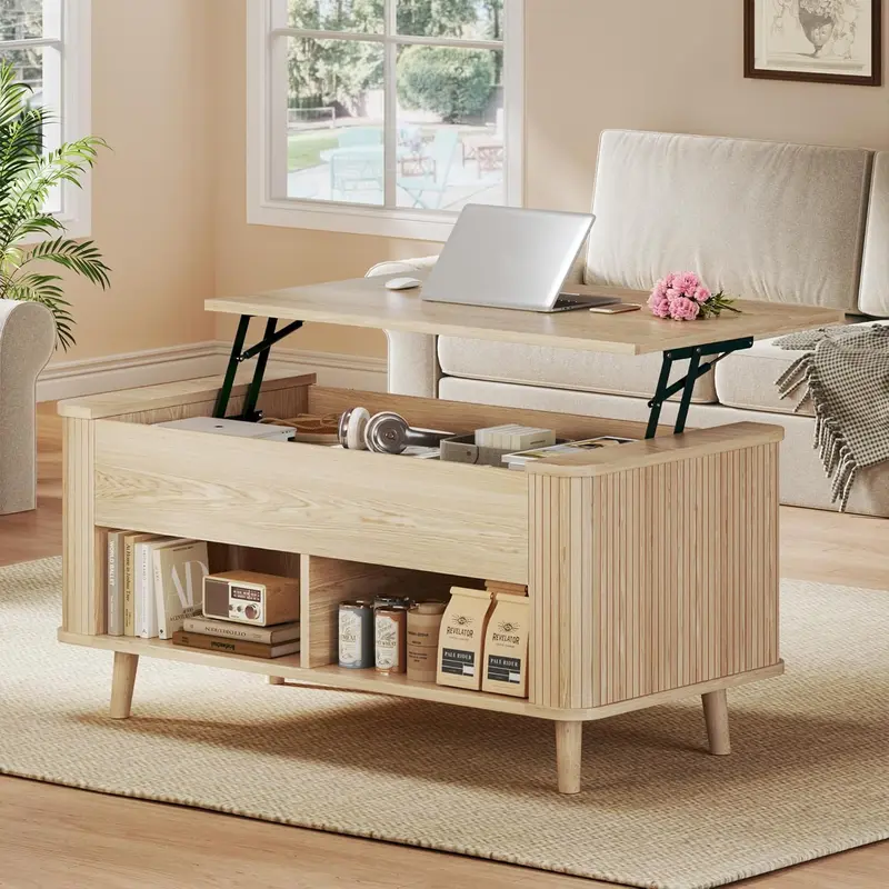 Lift Top Coffee Table with Storage, 41" Mid Century Modern Coffee Table with Fluted & Curved Profile Design, Hidden Storage Compartment, Lower Shelf Center Table for Living Room Office, Oak