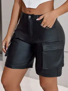 Apperloth Studio Women's Street Style Black PU Leather Mini Bag with Pockets - Basic, Short, Minimalist Bottoms for Everyday Use