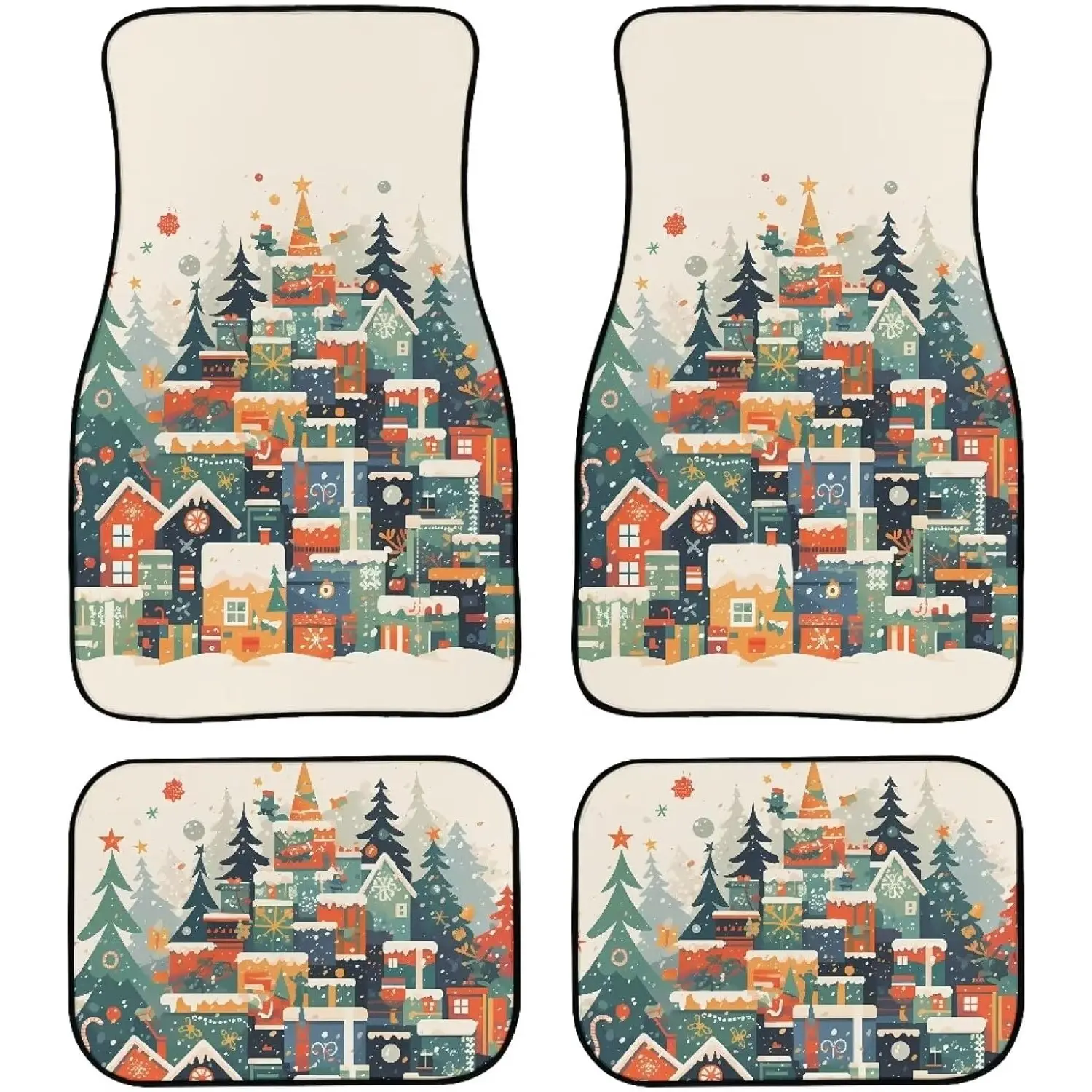 Winter Forest Print 4 Pcs All-Weather Automotive Mats Christmas Car Decor Accessories Universal Fit Floor Mats for Cars, SUV, Truck Happy New Year Soft Comfort Heel Pad ﻿