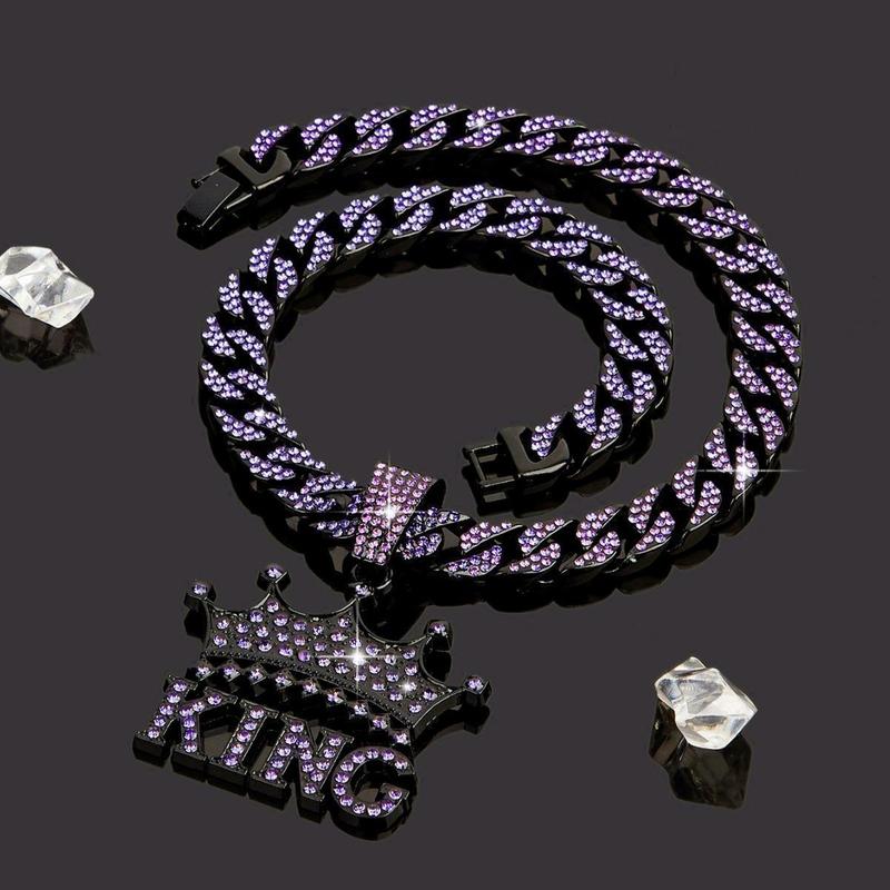 14K Gold Plated King & Crown Pendant with Austrian Rhinestones Miami Cuban Link Chain Italy & Micro Inspired Unisex Hip Hop Necklace for Men & Women Jewelry,Daily Wear, Casual Fashion, Sporty Style, Gift Idea