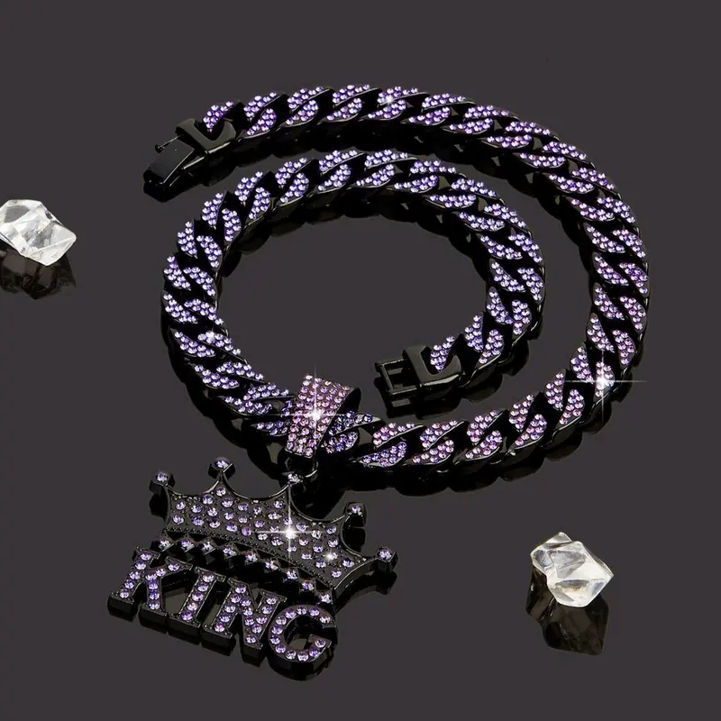 14K Gold Plated King & Crown Pendant with Austrian Rhinestones Miami Cuban Link Chain Italy & Micro Inspired Unisex Hip Hop Necklace for Men & Women Jewelry,Daily Wear, Casual Fashion, Sporty Style, Gift Idea