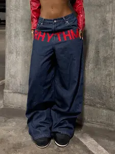 Letter Embroidered Wide Leg Jeans, American Street Style Low Waist Loose Fit Pants, Daily Street Photography, Casual Outing, Versatile Fashion Item
