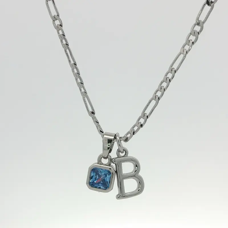 Silver Plated Personalized Figaro Birthstone & Initial Necklace