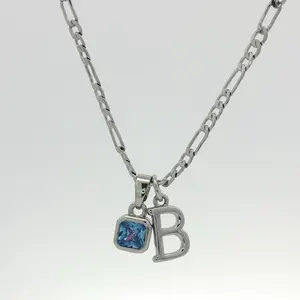 Silver Plated Personalized Figaro Birthstone & Initial Necklace