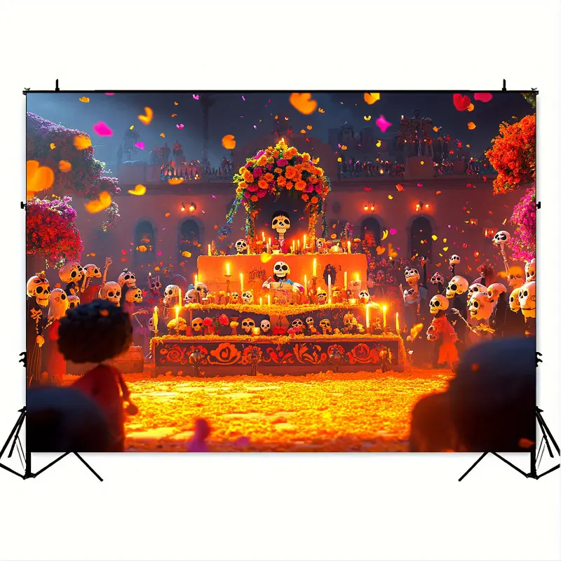1pc Mexican Day of the Dead Polyester Tapestry - Vibrant Orange Altar Table Backdrop with Skeletons, Marigolds, Candles - No Electricity Needed, Easy-to-Hang Photo Booth Decor for Dia de los Muertos, Party