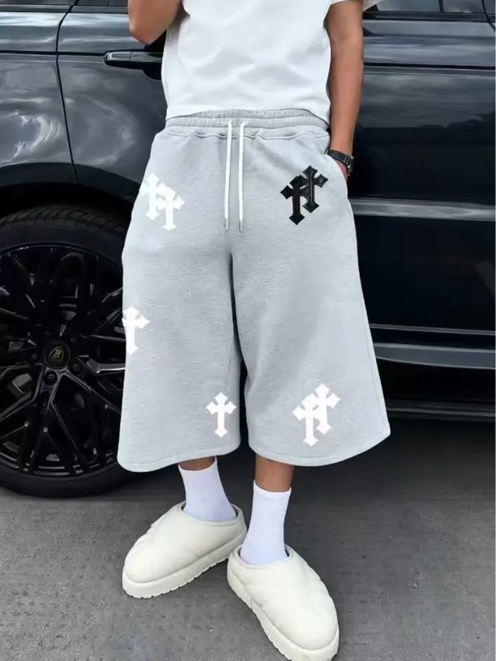 Cross print capris, casual street style, comfortable stretch fabric, loose fit, suitable for both men and women, five size options available