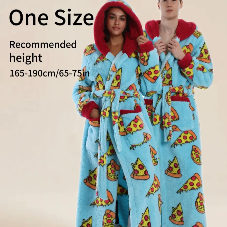 Elegant Pizza Print Hooded Bathrobe Blanket, Unisex, All Sizes, Casual Cozy Soft Bathrobe, Soft Comfort, Fall Winter Essential, 140cm Long