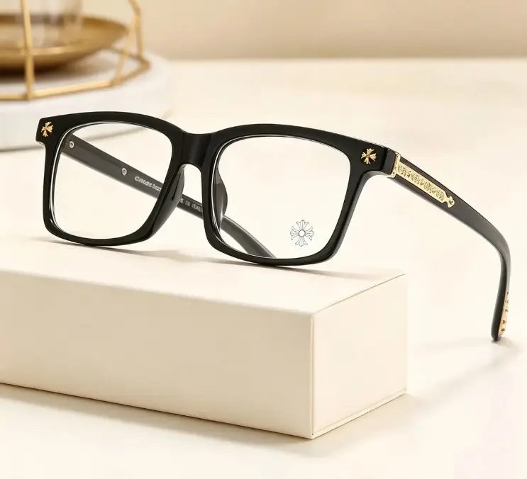 Chrome Hearts Black Square Frame Fashion Glasses, Clear Lens Retro Eyewear with Decorative Metal Temple Details, Non-Prescription Everyday Frames
