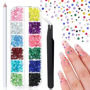 12 Compartments/Box 3D Nail Art Gemstone Crystal Rhinestone Decorations, Nail Art Products, Mixed Styles And Shapes Glass Decor Nail Art Set, Includes Tweezers,Rhinestone Extraction Pen,Suitable For Nails, Clothing, Face,Nail Charms Nail Supplies