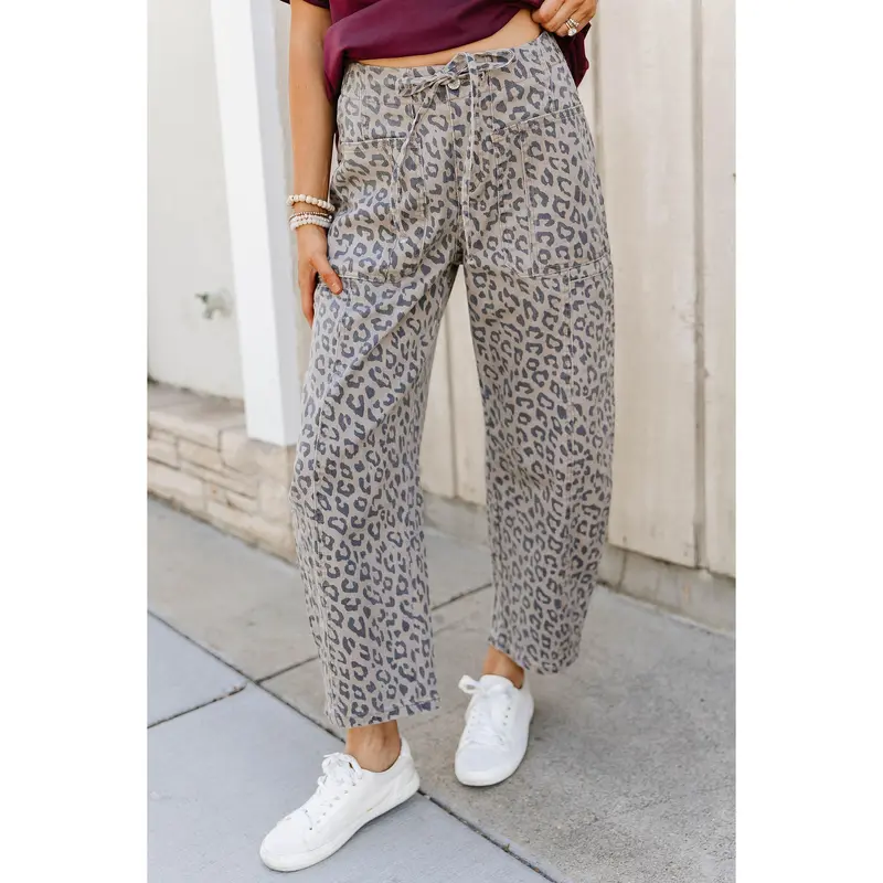 Ampersand Avenue Women's Plus Size Cotton Leopard Print Bowie Statement Adjustable Wide-Leg Pants - Casual Bottoms with Button, Elastic Fit, Drawstring, All-Over Wild Look