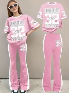 Women's Vintage Sporty Streetwear Set, Sportswear Set, Athleisure Wear, Light Round Neck Short Sleeve Top & Bell Bottoms, Casual All Season