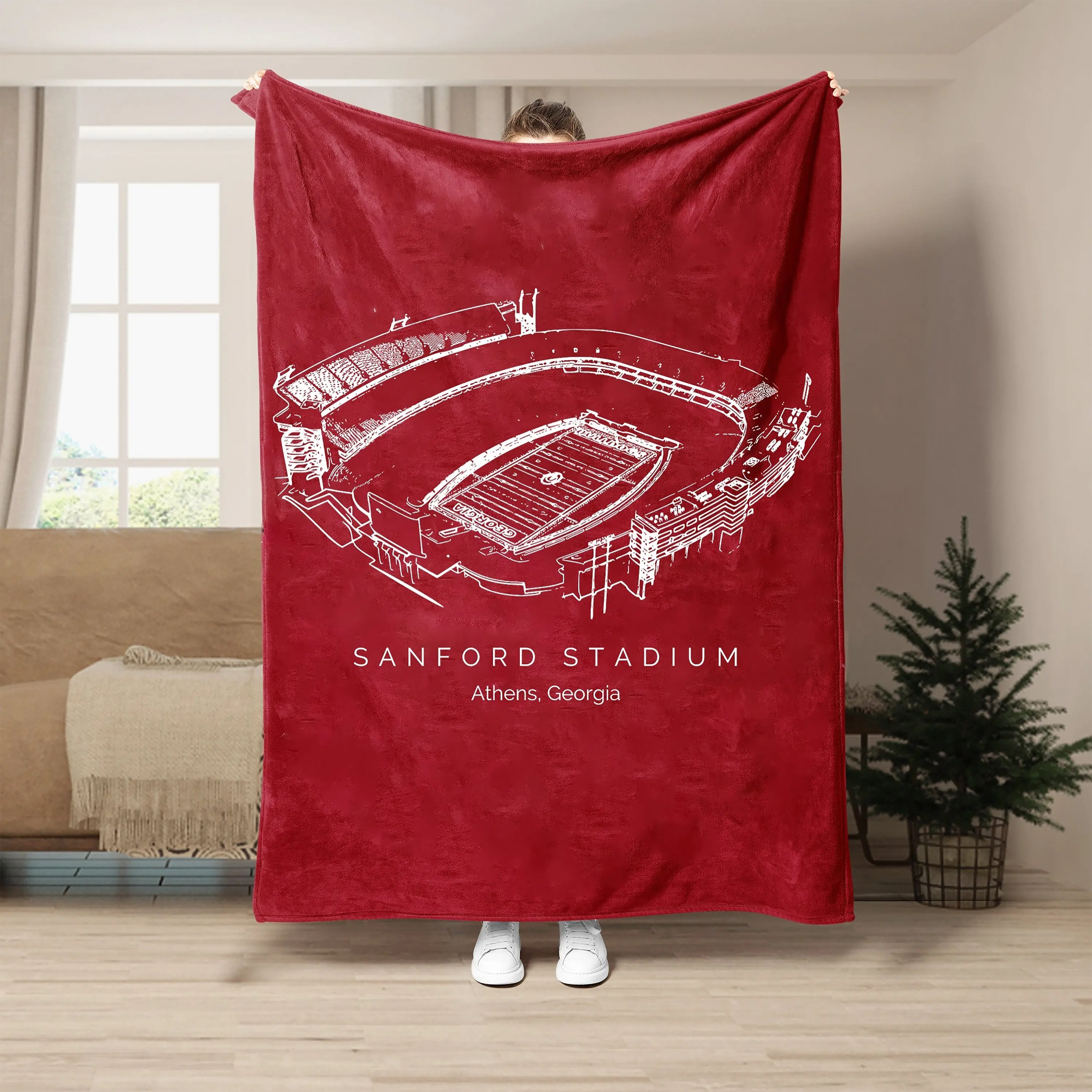 Sanford Stadium Flannel Blanket - Athens College Football Throw - Red & Black Sports Fan Gift - Game Day Room Decor