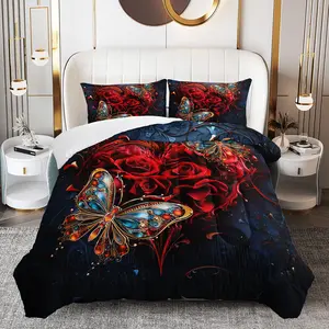 3pcs Butterfly Rose Comforter Set, Romantic Floral Duvet Set for Girls and Adults Bedroom or Guest Room Decor, Lightweight Soft All Seasons Comforter Machine Washable Microfiber Quilt with 2 Pillowcases , Gifts for the Family bed