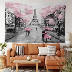 [Digitally Printed Tapestry] Romantic Paris Eiffel Tower Tapestry, Aesthetic Hanging for Bedroom Decor, Large Wall Tapestry with Soft Pink Cherry Blossom Detail, Digital Printed Cityscape Art, Easy to Hang, Ideal for Living Room and Dorm Room Style.