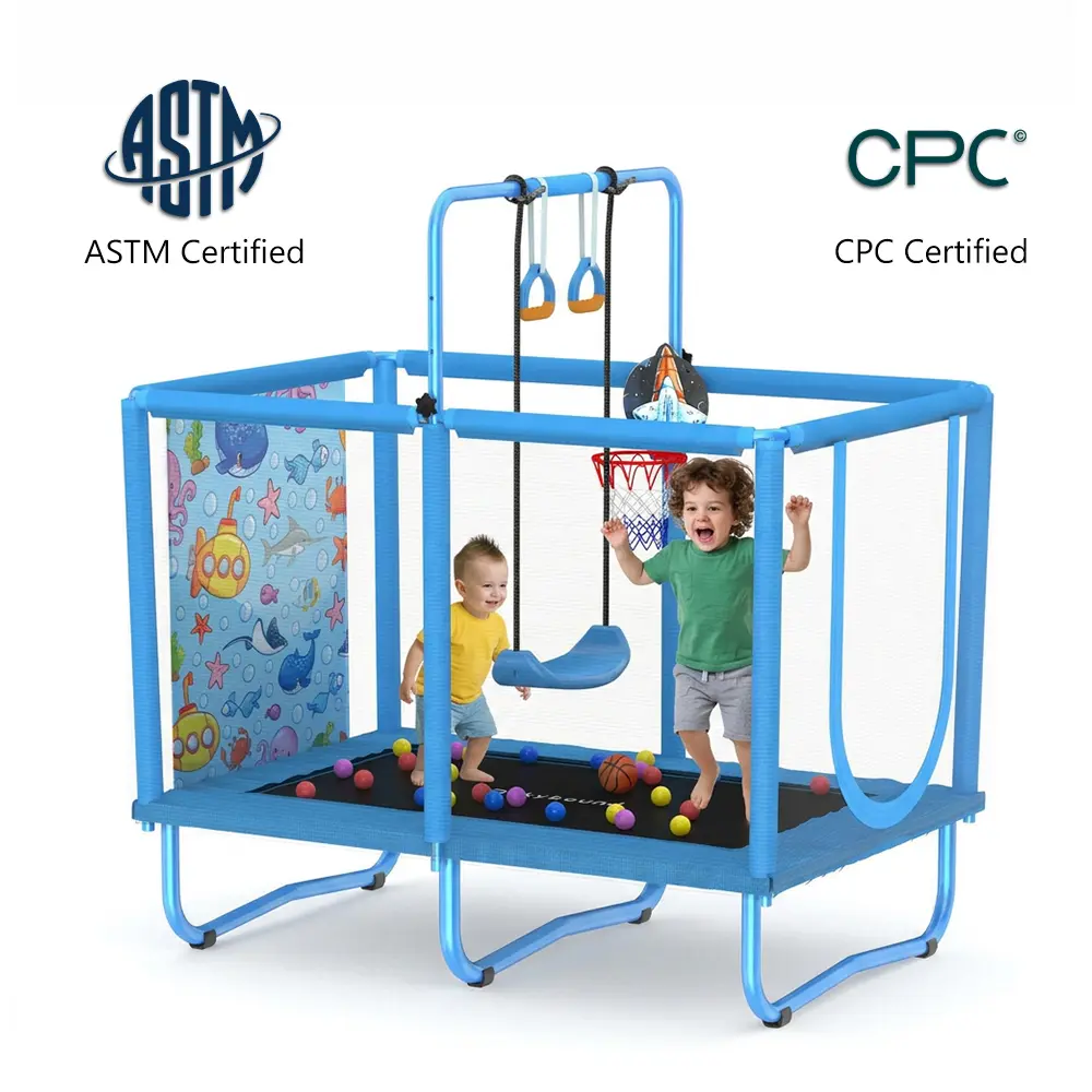 SkyBound 6-in-1 Kids Workout Trampoline, 36×55in Rectangular Indoor Outdoor Fitness Jump Bed, Easy Install Anti-Tip Safe Trampoline with Swing Basketball Hoop, 250LBS Capacity for Kids Physical Exercise