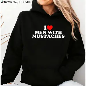 USA Printed I Love Men With Mustaches Long Sleeve Hoodie for Casual Style